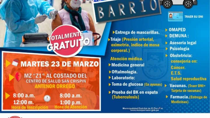 Campaña de Salud Médico en tu Barrio este martes 23 al costado del centro de salud mental San Crispin.