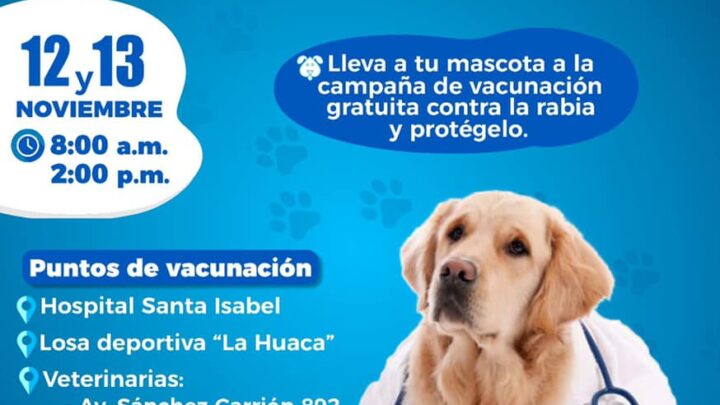 Vacunación Antirrábica gratuita este 12 y 13 de Noviembre.
