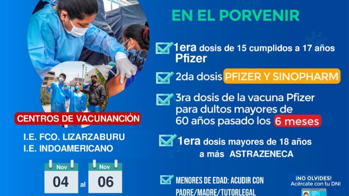 Vacunación contra el COVID-19 | Del 4 al 6 de noviembre 1era,2da y 3ra dosis en El Porvenir.