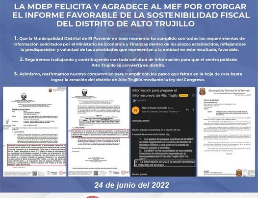 LA MUNICIPALIDAD DISTRITAL DE EL PORVENIR FELICITA Y AGRADECE AL MINISTERIO DE ECONOMÍA Y FINANZAS POR OTORGAR EL INFORME FAVORABLE DE LA SOSTENIBILIDAD FISCAL DEL DISTRITO DE ALTO TRUJILO.